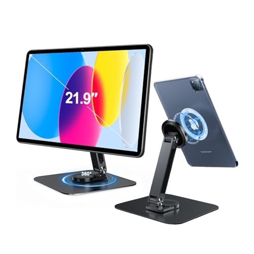 Missun Supporto magnetico per tablet con base forte, supporto da tavolo per iPhone/Android/iPad, supporto per cellulare regolabile per iPhone 16/15/14/13/12, supporto da viaggio pieghevole multiangolo