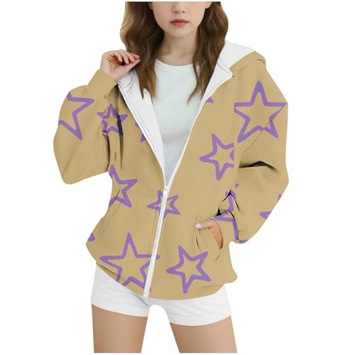 Girls Cute Sweatshrits Fleece Lined Oversized Zip Up Hoodies Star Print Casual Jackets Outwear Coat with Pockets