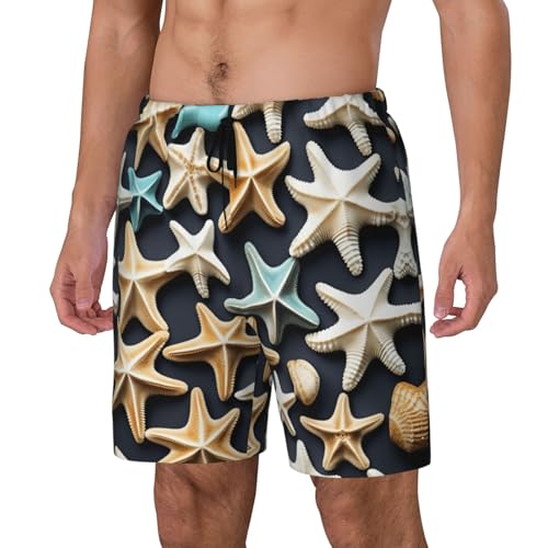 Seashell Starfish Print Mens Swim Shorts Trunks Inseam Compression Liner Quick Dry Zipper Pocket Black2