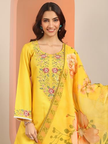Image of Libas Embroidered Silk blend Straight Kurta With Trouser and Dupatta | ethnic wear | bridal suit | wedding dress | occasion wear