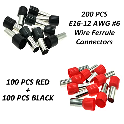 Image of 200 Pcs Wire Ferrule Connectors, Wire Ferrule Kits, 6 AWG Wire Crimp Terminals E16-12 Insulated Pin Cord End Connectors, Red Black