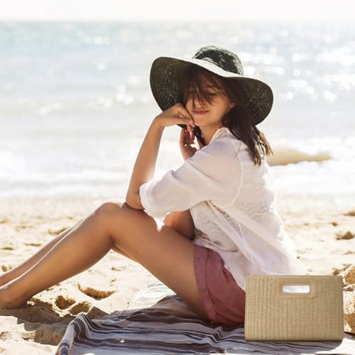 Image of Beach Clutch Bag Straw Summer Clutch Purses for Women Handmade Woven Purse Detachable Gold Chain, Crossbody