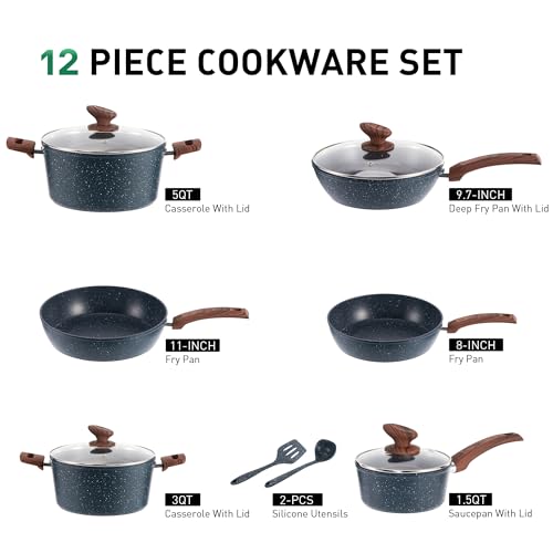 Kitchen Academy Pots and Pans Set Non Stick - 12 Piece Induction Kitchen Cookware Sets, Blue Granite Nonstick Cooking Pans Set