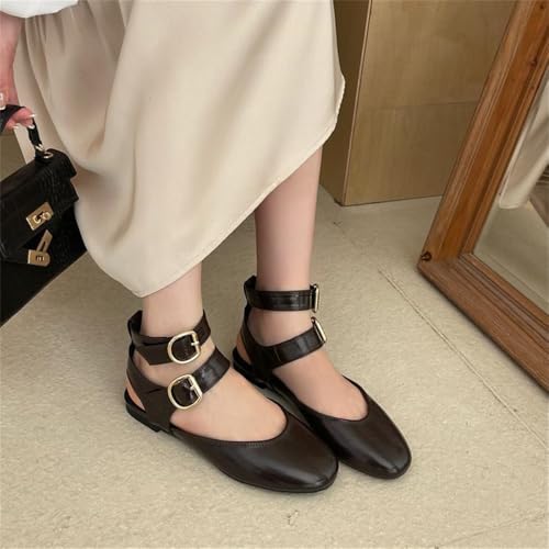Women's Double Buckled Slingback Ballet Flats Round Toe Ankle Strap Dress Flat Shoes4