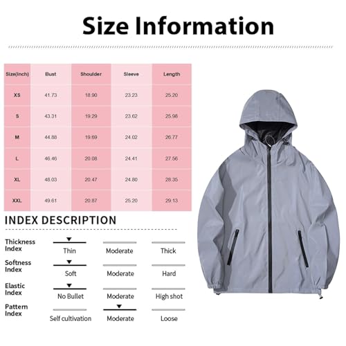 reflektierende winterjacke damen，360 Reflektierende Herrenjacke Unisex Full Reflective Jacke Laufjacke/Atmungsaktiv/Winddicht/Wasserabweisend/Reflekierend,Grau,L