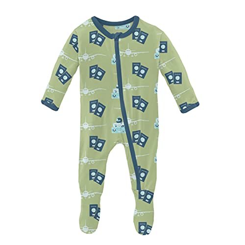 KicKee Pants Print Footie with Zipper, Fitted Long Sleeve Pajamas, Ultra Soft Everyday One-Piece Loungewear, Baby and Kid Clothes for Boys and Girls (Field Green Travel Guide - 0-3 Months)