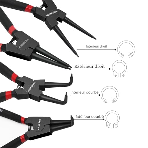 WISEUP Jeu de 4 Pinces à circlips 170mm, outil de pince à anneau interne et externe cintré, acier au carbone industriel, pince circlips antirouille et anti - flexion, avec sac de rangement – vue 4
