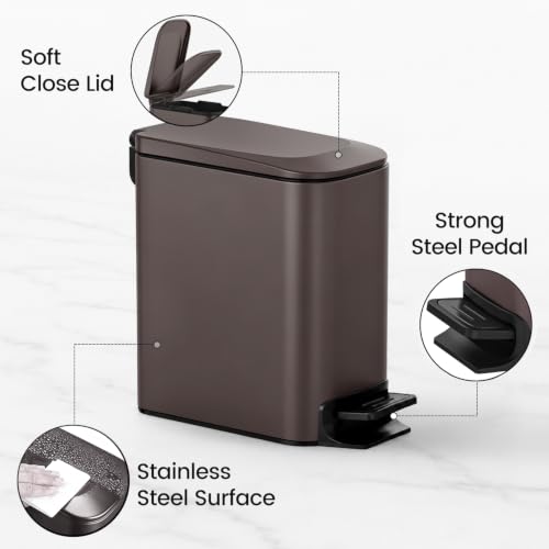 Image of TIPGO Small Bathroom Trash Can with Lid, 1.6 Gal, Soft Close, Brown | Foot Pedal, Soft Quiet Lid, 5.9'' Slim for Narrow Space, Stainless Steel, Anti-fingerprint, Removable Inner Bucket, Odor Seal