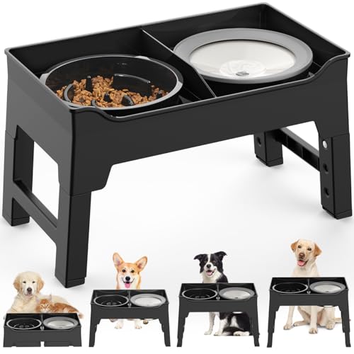 Tivray Comedero Perro Elevado, Comedero Perro Antivoracidad de 4 Alturas Ajustables Comedero Perro de Acero Inoxidable con Soporte, Bebedero Perro Antigoteo para Perros Medians y Grande, Negro