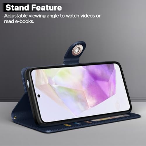Image of Pikkme Flip Cover Leather Finish | Inside TPU with Card Pockets | Wallet Stand and Shock Proof | Complete Protection Button Flip Case for Samsung Galaxy A56 5G(Blue)
