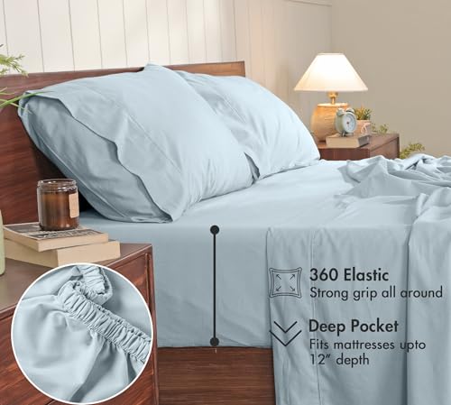 Image of RUVANTI 100% Cotton Percale Sheets California King - Crisp Cooling Summer Bed Sheets for Hot Sleepers, Deep Pocket 12 inch, Soft Peach Finish, Breathable & Durable Hotel-Style 4 Piece Set, Ice Blue