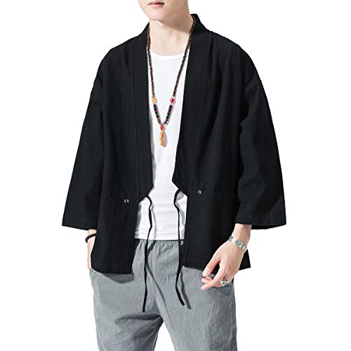 Image of PRIJOUHE Men's Kimono Jackets Cardigan Lightweight Casual Cotton Blends Linen Seven Sleeves Open Front Coat Outwear