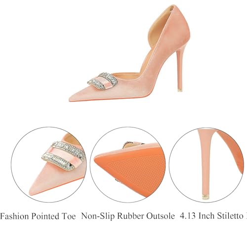 Women's Suede Rhinestone Pointed Stiletto Pumps Sexy Elegant Slip On Evening Party Bridal High Heel Dress Shoes3