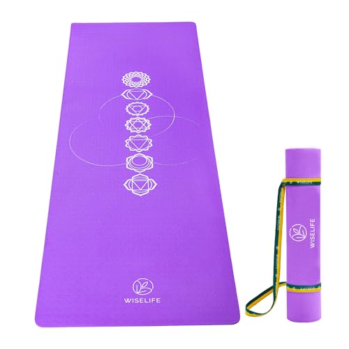 Image of WiseLife 7 chakra Printed 6MM Yoga Mat + Yoga Strap For Men, Women, Kids | Anti-Slip Extra thick, long & Wide Exercise Sports Mat for Workout, Fitness, Yoga, Gym, Home & Pilates (Purple-Chakra)