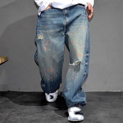 Men’S Trendy Hip Hop Loose Fit Ripped Distressed Baggy Skateboard Stacked Denim Pants Button Fly Streetwear Jeans2