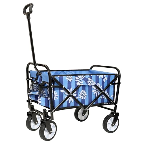 ESPIDOO Foldable Wagon Cart: Heavy-Duty Metal Frame with All-Terrain Wheels for Beach Camping Shopping - Blue Striped Utility Cart Supports 225lbs for Outdoor Families