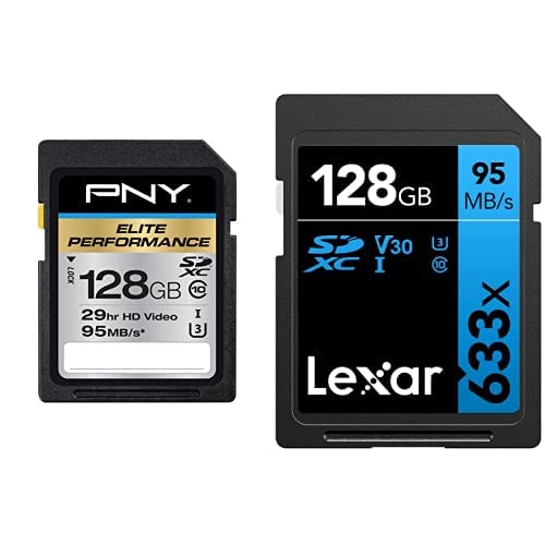 PNY 128GB Elite Performance Class 10 U3 SDXC Flash Memory Card & Lexar Professional 633x 128GB SDXC UHS-I Card (LSD128GCB1NL633) Black