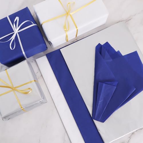 Image of BEISHIDA 90 Sheets Blue White Silver Tissue Paper Bulk, Wrapping Tissue Paper for Gift Bags, 14 x 20 Inch Gift Wrap for Birthday Graduation Wedding DIY Crafts Decor Holiday Flowers