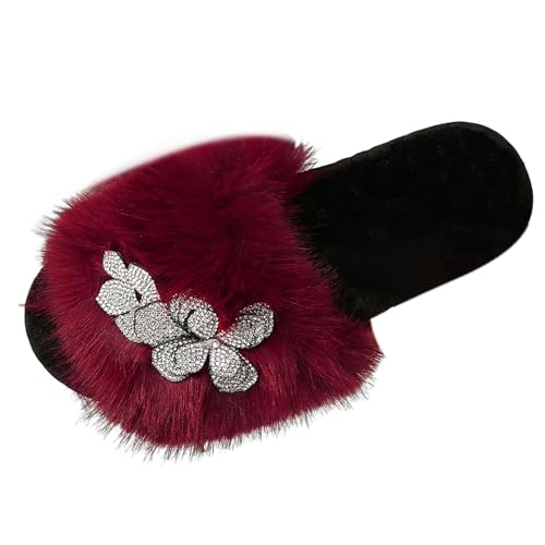 RTPR Invierno Calor Al aire libre Mocasines Vestir Perezoso Peludo Zapatillas Femeninas Flores Gruesas Piso Grueso Zapatos de casa Zapatos Rohde Zapatillas de mujer, rojo, 39 EU