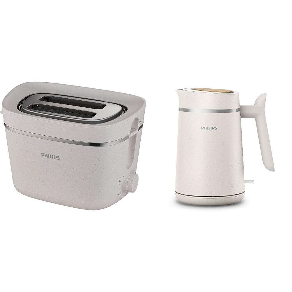 Philips Toster Eco Conscious Edition, Satynowy Biały Matowy (HD2640/10) & Philips Czajnik elektryczny z serii Eco Conscious, 1,7 L, Kolor Biały z matowym wykończeniem HD9365/10