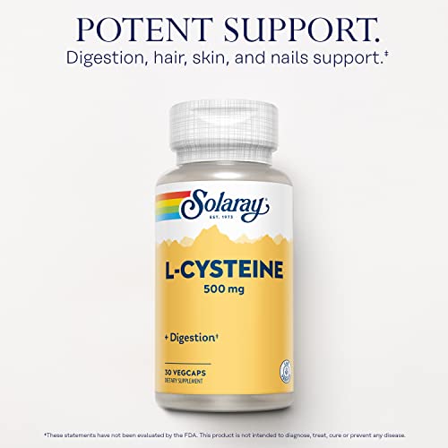 Image of SOLARAY L-Cysteine 500 mg, Digestion, Hair, Skin and Nails Support Supplement, Master Antioxidant, Lab Verified, 30 Servings, 30 VegCap