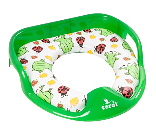Asiento Reductor Acolchado con Asas para WC. Ayuda al aprendizaje de bebés y niños. Adaptador infantil portátil para váter MundiBebé +18 meses. Modelo Ranas
