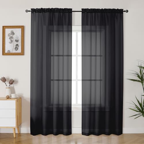 Gwine Black Sheer Curtains 84 Inches Long 2 Panels Set for Living Room Rod Pocket Voile Bedroom Curtains Light Filtering Solid Window Sheer Panels Each 42 Wx84 L