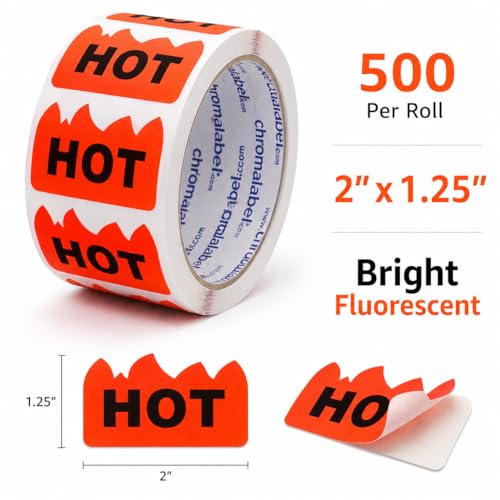 Image of ChromaLabel Hot Stickers, 2 x 1.25 Inch Fluorescent Red Orange Flame Labels, 500 /Roll, Rave Hot Stickers for Parties, Festivals, Events, Hot Sauce, Spicy Food & Retail Marking