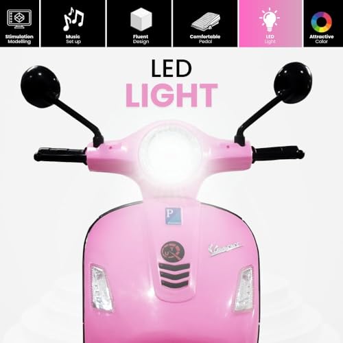 Image of Vespa 12V Battery Operated Rechargeable Ride-On Scooter for Kids with Remote | Electric Scooty for Girls & Boys (1-6 Years, Pink), Music, Lights, USB, Safety Wheels