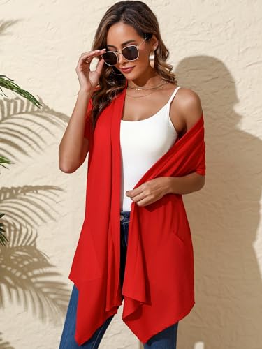 Image of Women's Lightweight Open Front Cardigans Short Sleeve Casual Soft Sheer Cardigan S-2XL with Pockets