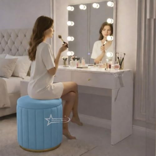 Image of Round Strip Stool with Cushion Foot Rest Office Stool Pouf Ottoman Padded Seat in Living Room (Sky Blue)