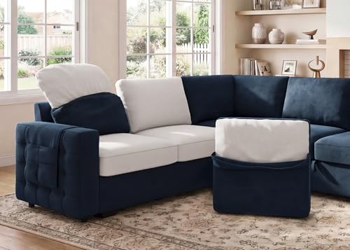 Image of HONBAY Sectional Sleeper Sofa with Pull Out Bed U-Shape Sectional Couch Sleeper Bed with Storage Chaise Lounge Living Room 6 Seater Sectional Sofa,Velvet Dark Blue