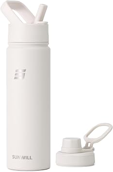 SUNWILL Metal Water Bottle with Straw Stainless Steel, 650ml Insulated Leakproof Thermal Flask for Cold and Hot Drink, Travel, Sports, Gym, Warm Off-White