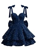 ZONHEMEN Sparkly Sequin Homecoming Dresses for Teens 2026 Short Bow Straps Prom Dress Tiered A Line Cocktail Party Gown Navy Blue