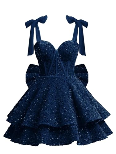 ZONHEMEN Sparkly Sequin Homecoming Dresses for Teens 2026 Short Bow Straps Prom Dress Tiered A Line Cocktail Party Gown Navy Blue