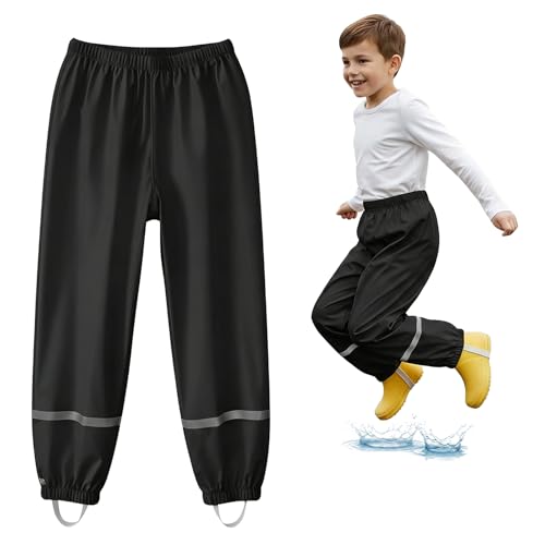 RJVZVEJH Kids Waterproof Trousers, Lightweight Rain Overtrousers for Boys Girls 5-12 Years, Reflective Strips, Mud-Proof Play Pants for School Outdoor Cycling Puddle Jumping Black