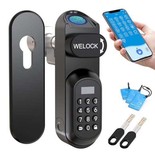 WELOCK U81 Smartes Türschloss Ultra mit Fingerabdruck Passwort WLAN App und RFID Karte Ersatzteil Mechanischer Schlüssel, Elektronisches Türschloss Haustür, Verstellbarer für 50-90mm EU-Profiltür