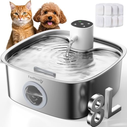 FEELNEEDY 8L Katzenbrunnen Kabellos mit 3 Filters, Verbesserter Radarsensor | 5000mAh Trinkbrunnen für Hunde, Katzenbrunnen Edelstahl Spülmaschinenfest