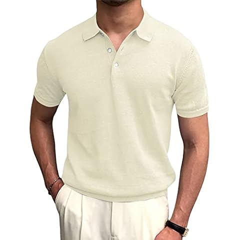 Syktkmx Mens Golf Polo Shirts Short Sleeve Casual Banded Bottom Stretch Classic Fit Solid Knit T-Shirts Cream Cover