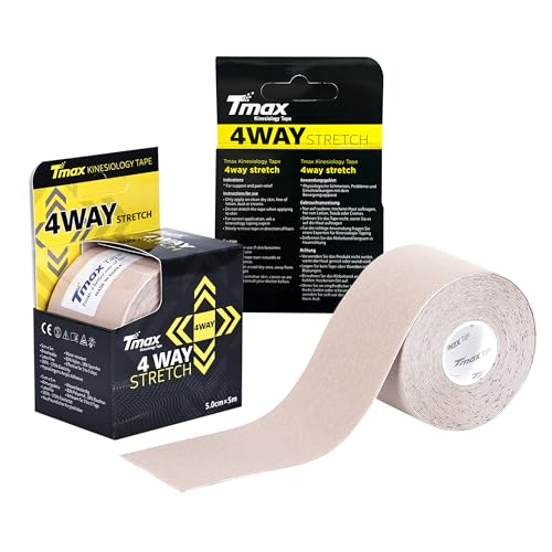 Image of Tmax Cotton Waterproof Kinesiology Tape | Dynamic Kinesiology Tape | Athletic Sports Tape for Injury, Muscle Support, Pain Relief, Joint Support and Physiotherapy (5 m * 5 cm) (Beige 4 way)