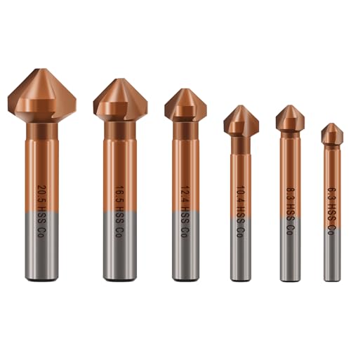 KURSTOL Juego de brocas avellanadas M35 HSS con revestimiento de cobalto para acero inoxidable, hierro, aluminio y cobre, 6 unidades de 6,3 mm - 20,5 mm, vástago redondo fijo en broca