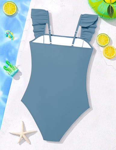 Image of NECIOUS Girls Swimsuit Ruffle Adjustable Straps One Piece Bathing Suit Solid Color Ruched Girls' Swimwear 9-16Y