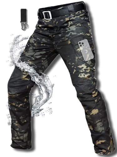 Men's Cargo Work Hiking Tactical Pants,10-Pocket,with Carabiner,Water Resistant,Lightweight Ripstop Outdoor Pants