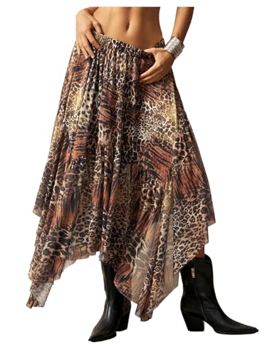 Women's Leopard Long Skirt Vintage Cheetah Low Rise Ruffle Asymmetrical Flowy Skirt