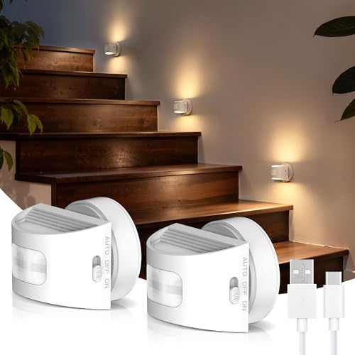 Image of L LOHAS LED Motion Sensor Night Light, Rechargeable Stair Lights Indoor, Portable Warm White Motion Sensor Light Indoor, Battery Operated for Bedrooms, Hallway, Stairway & Bathrooms[2 Pack]