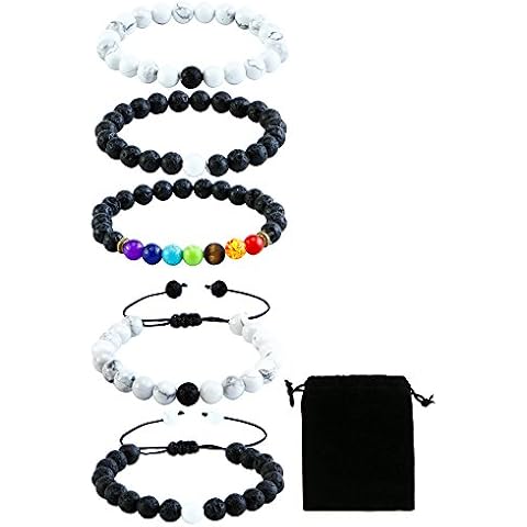 Coobey 5 Pieces Howlite Lava Rock Stones Bracelets Chakras Diffuser Essential Oil Diffuser Bracelets Natural Stones Yoga Beads Bracelet Bangle with Drawstring Bag for Couples Cover