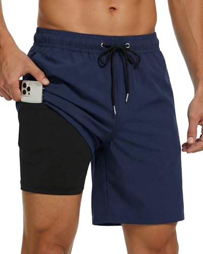 Image of Justay Mens Swim Trunks with Compression Liner 2 in 1 Quick Dry Board Shorts 7 Inch Bathing Suit Swimming Trunks for Men