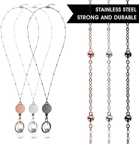 cobee 3 Pcs/Sets Retractable Badge Reel Lanyard with ID Holder, Necklace Lanyard with Transparent ID Card Holder and Keychain, Waterproof Name Card Holder(Rose Gold, Black, Silver)