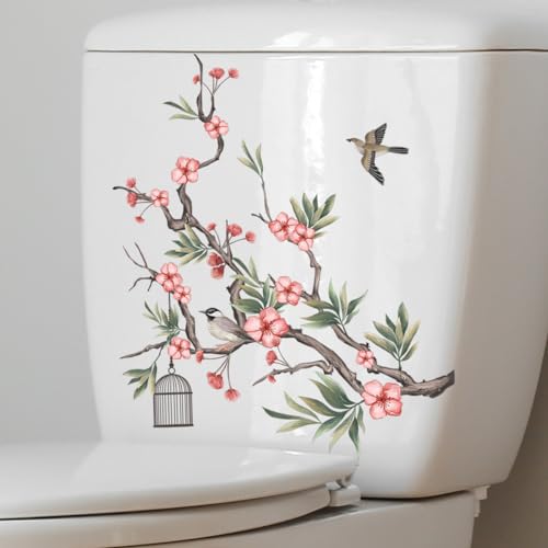 Valentine's Plum Blossom Toilet Cover Sticker Decals,Spring Plum Blossom Leaf Waterproof Toilet Lid Tank Seat Decals Cistern Self-Adhesive Bathroom Wall Sticker