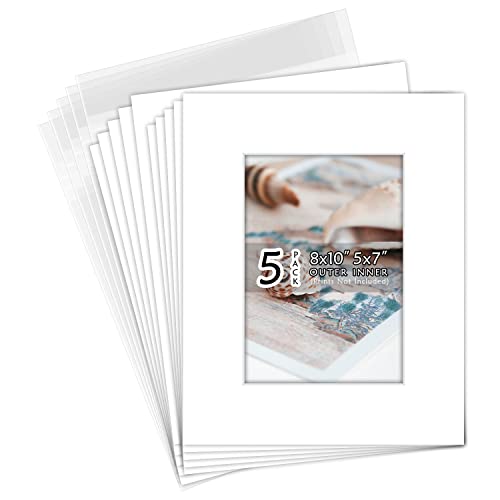 Golden State Art, Acid Free, Pack of 5, 8x10 White Picture Mats Mattes with White Core Bevel Cut for 5x7 Photo + Backing + Bags